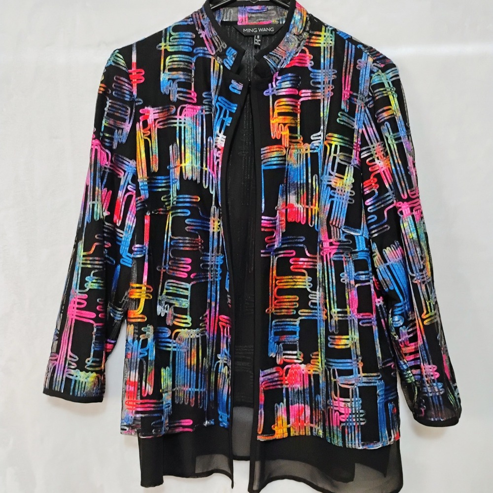 Ming Wang Size‎ Small Multicolor Abstract Ribbon Mesh Open Front Jacket Blazer Z
